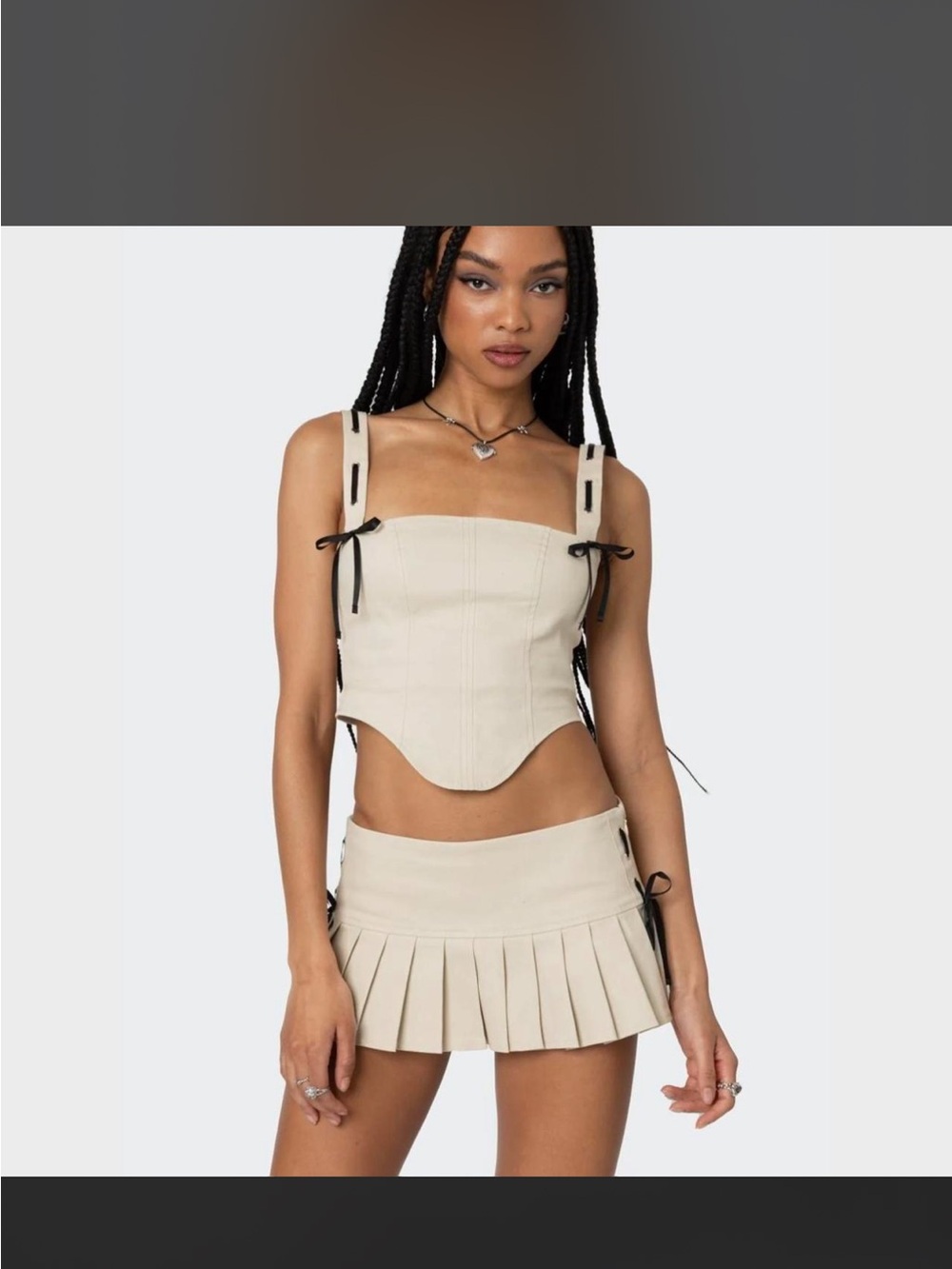 Edikted Cream Pleated Mini Skirt Set